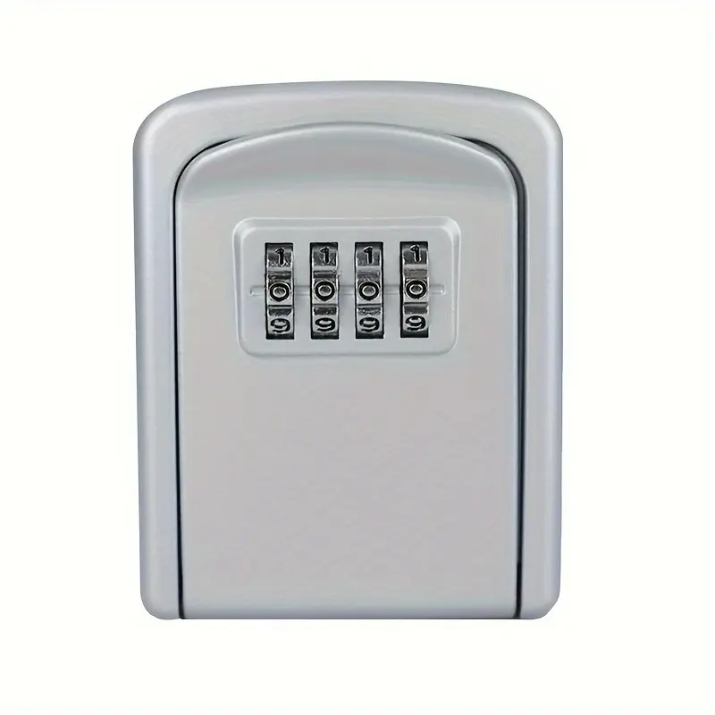 SilveryFull metal medium size 4-Digit Combination Lock Key Box Outdoor Key Safe Wall-Mounted Steel Metal Key Storage Box Anti-Prying And Anti-Rust Design Suitable for Garage / Construction Site / Home / Office / Warehouse Easy to Install