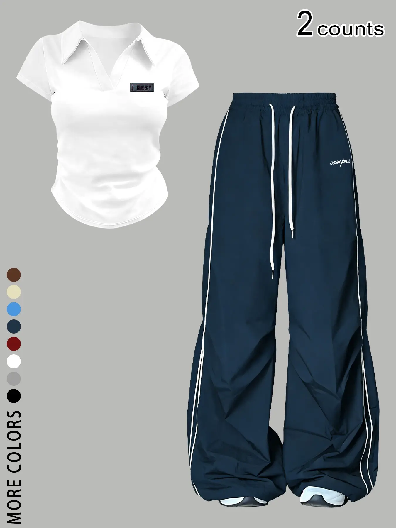 Women's 2 Piece Outfits Polo V Neck Short Sleeve Top and Side Stripe Wide Leg Pants Set Casual Embroidered Tracksuit 2026 Trendy Comfy Streetwear for Ladies Multiple Colors Available
