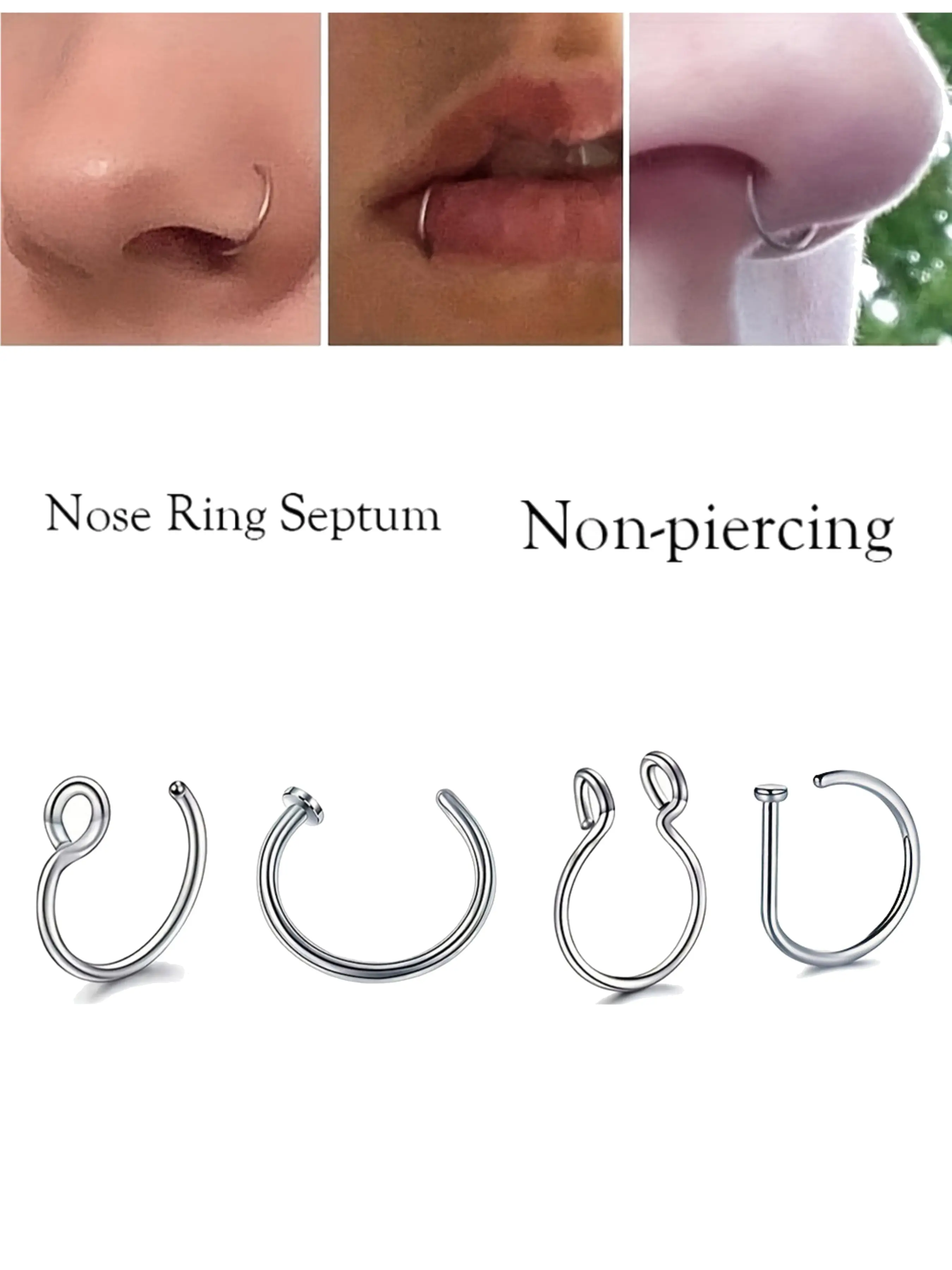 4pcs Non-Piercing Fake Nose Rings, Hinged Nose Hoop, Septum Jewelry Stainless Steel, Septum Clicker, Anti-Allergic 8mm Punk Jewelry, Body Jewelry, for Men & Women, Push-On Daily Gift