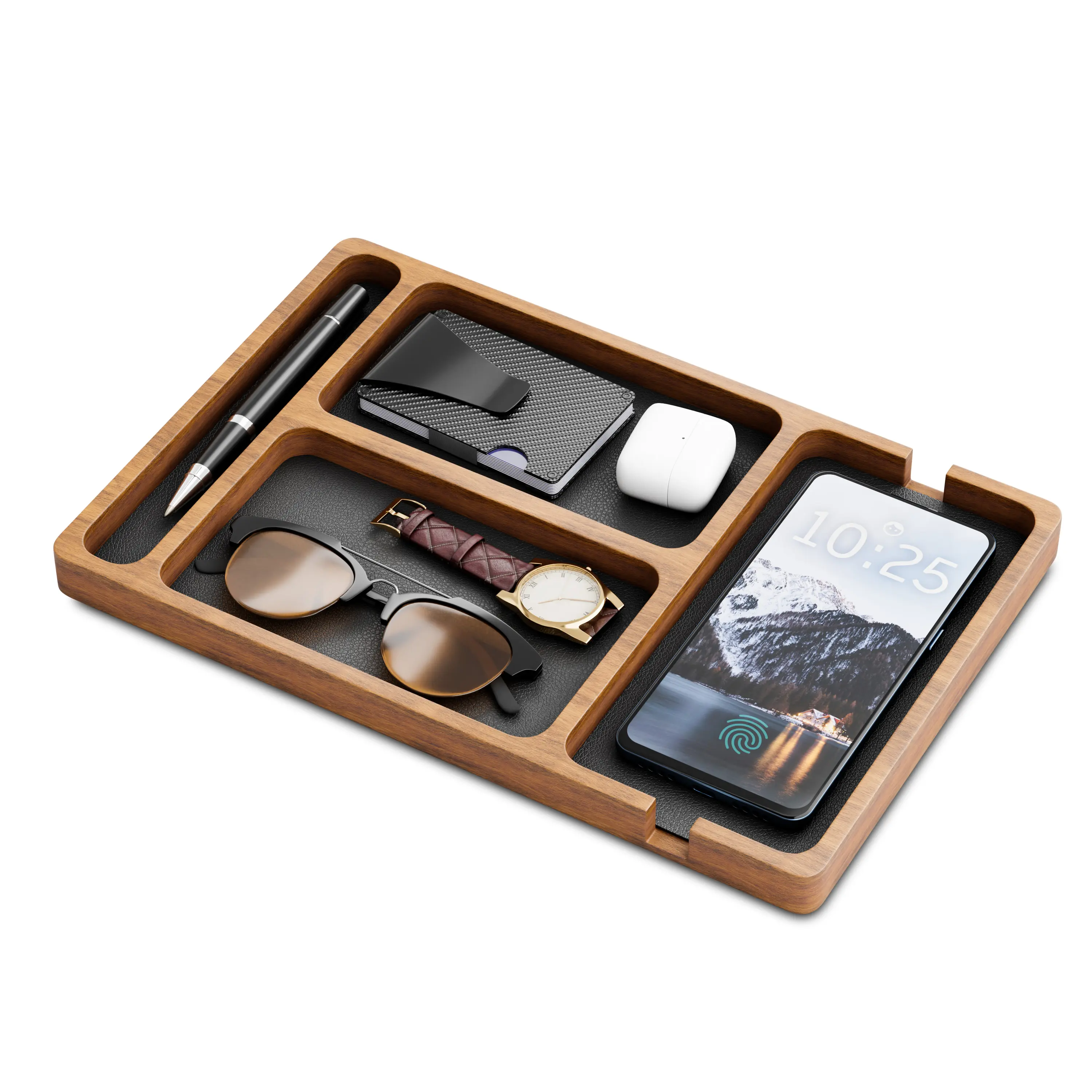 Gentleman's Caddy Pine Heritage Wooden Valet Tray for Nightstand and Office Organization
