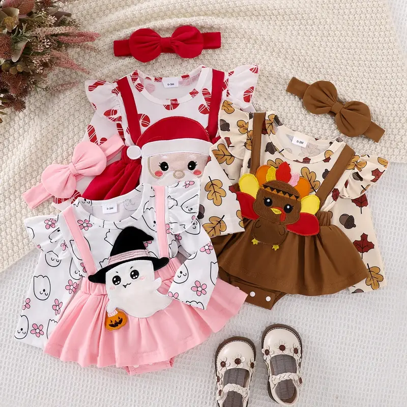 Baby Girl Christmas Holiday Dress Outfit For Newborn Ruffle Trim Patch Long Sleeve Romper Dress Bow Headband 2 Piece Set for Fall