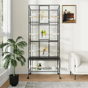 Large Metal Flight Aviary on Wheels - 175cm Standing Bird Cage for Cockatiels, Budgies & African Grey Parrot, Rolling Pet Cage with Storage Shelf, Slide-Out Tray and Secure Lock System
