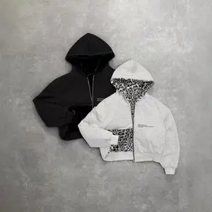 2025 new autumn and winter new hooded sweater can be worn on both sides retro leopard print zipper hoodie loose top
