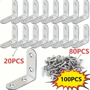 Stainless Steel L-Shaped Corner Brackets Set (20 Supports + 80 Screws), 1.57x1.57 Inch Right Angle, Ideal for Wooden Shelves, Chairs, Tables