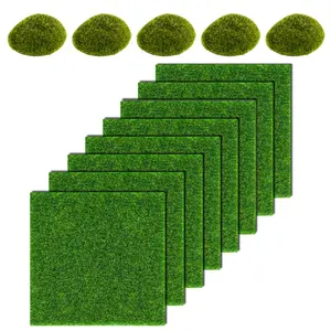 8 Pieces Fake Grass for Crafts Fairy Garden Grass 6 x 6 Inches Artificial Garden Grass for Miniature Ornament Garden Dollhouse DIY Decoration with 5Pcs 1.9x1.5inch Artificial Moss Rocks Room Fruit Set