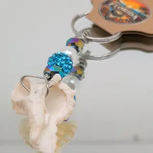 Handmade Florida Shell One-of-a-Kind Local Sparkly Beaded Coastal Accessory Keychain with Blue Crystal and Pearl Accents
