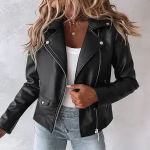 ChicMe Women's PU Leather Notched Collar Long Sleeve Zip Up Biker Jacket Casual Crop Coat
