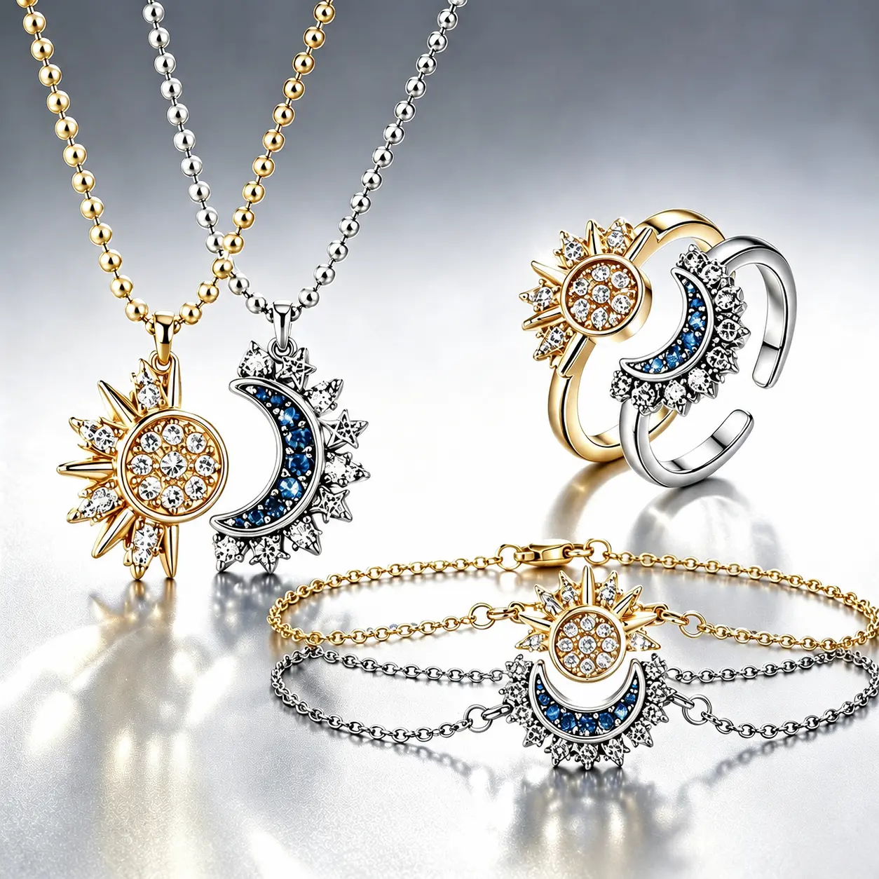 Sun and Moon Jewelry Set, Celestial Necklace Ring Bracelet Set, Gold and Silver Matching Jewelry, Y2K Aesthetic Accessories for Women,Thoughtful Gifts for Best Friends/Bestie/Couple,Freak Gifts for Her