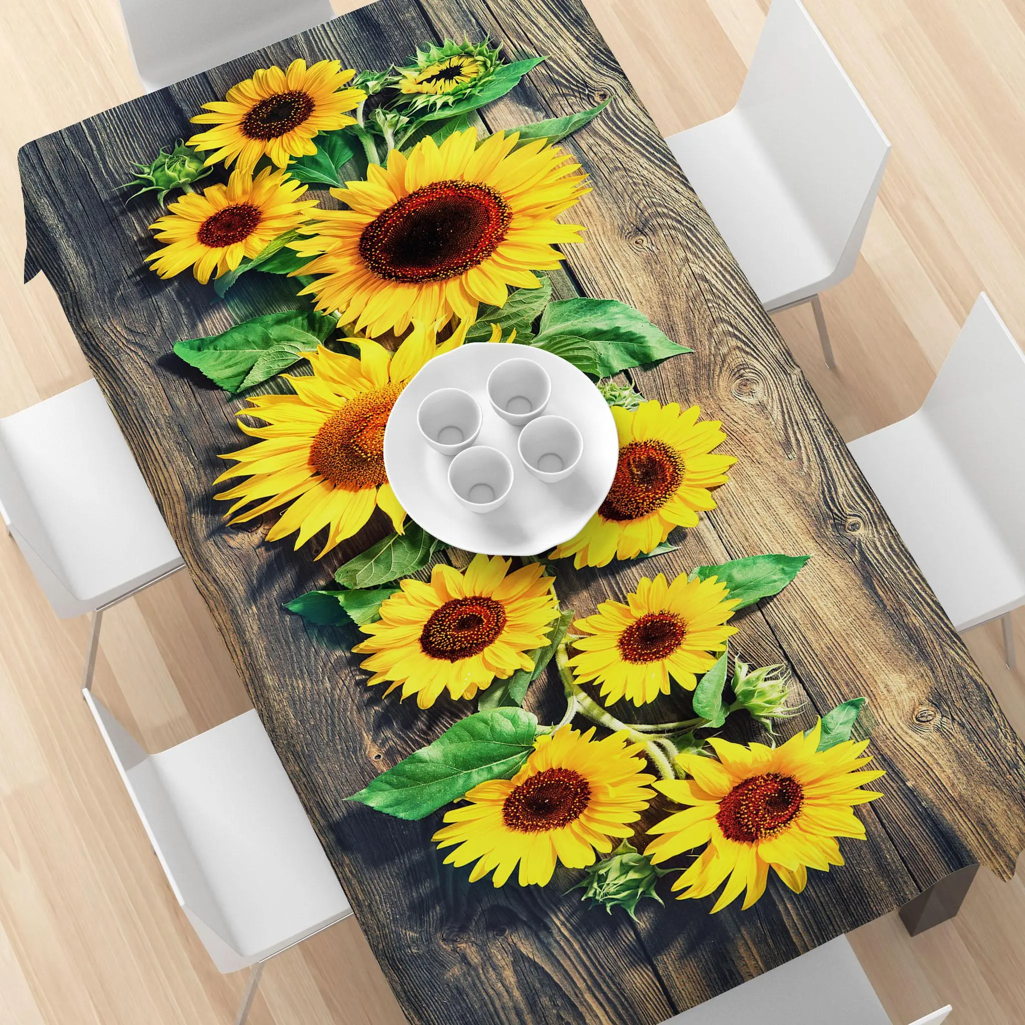 Sunflower Pattern Table Runner, Wood Grain Pattern Tablecloth, Rectangular Tablecloth for Home Kitchen Dining Room Decor, Table Decoration Supplies