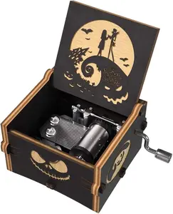 Before Christmas Music Box, Engraved Mini Wood Music Box Gift, Melody This is Halloween, Home Decor for Halloween Valentines Christmas Boys and Girls