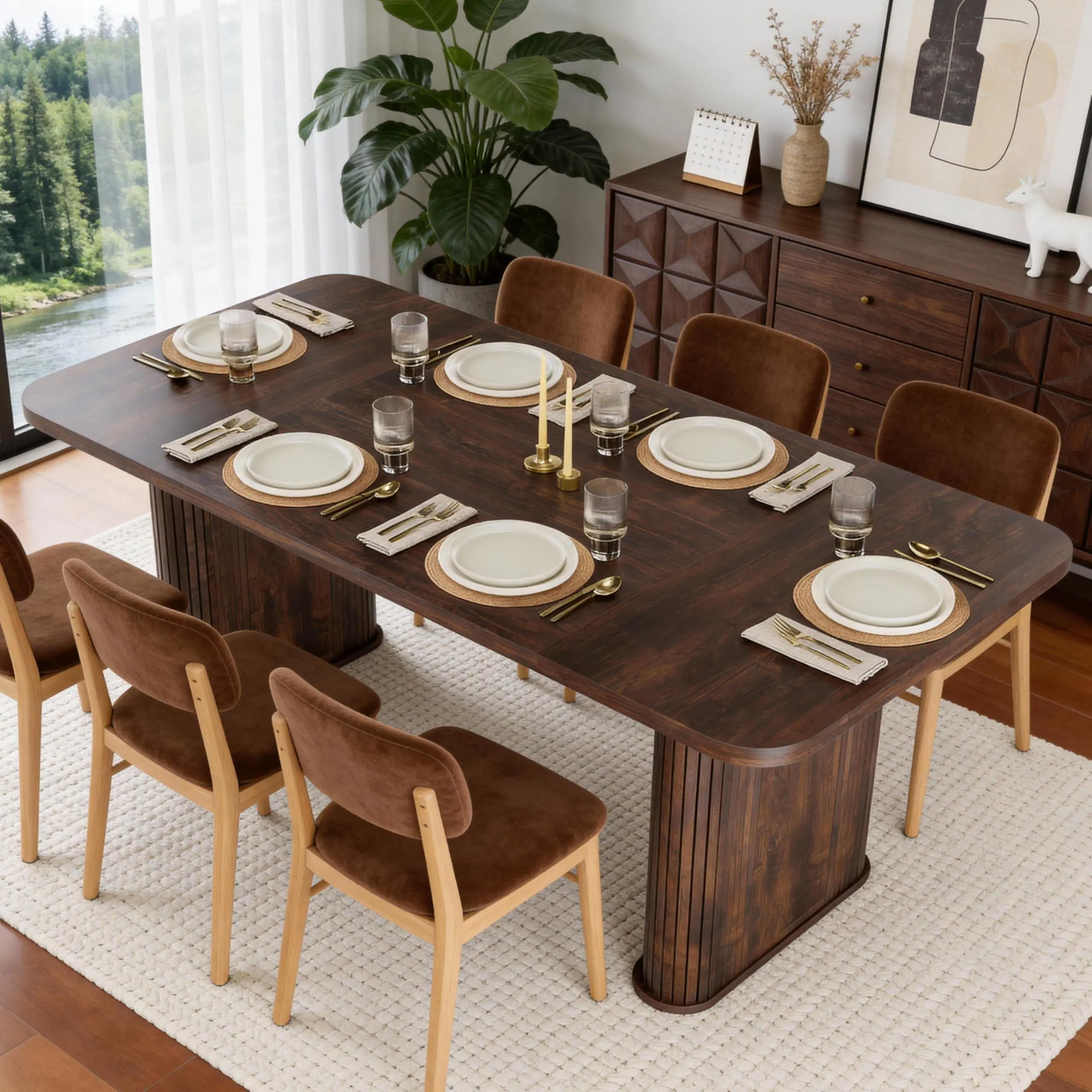 Garvee 62" Dining Table for 6-8,Black Oak Rectangle Wooden Kitchen Table with Double Robust Pedestal, Sturdy Dinner Table for Dining Room, Kitchen & Living Area