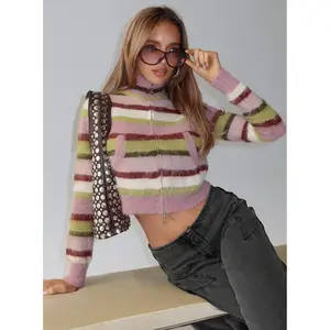 Keeva Zip Through Knit Jumper Pink / Green Stripe