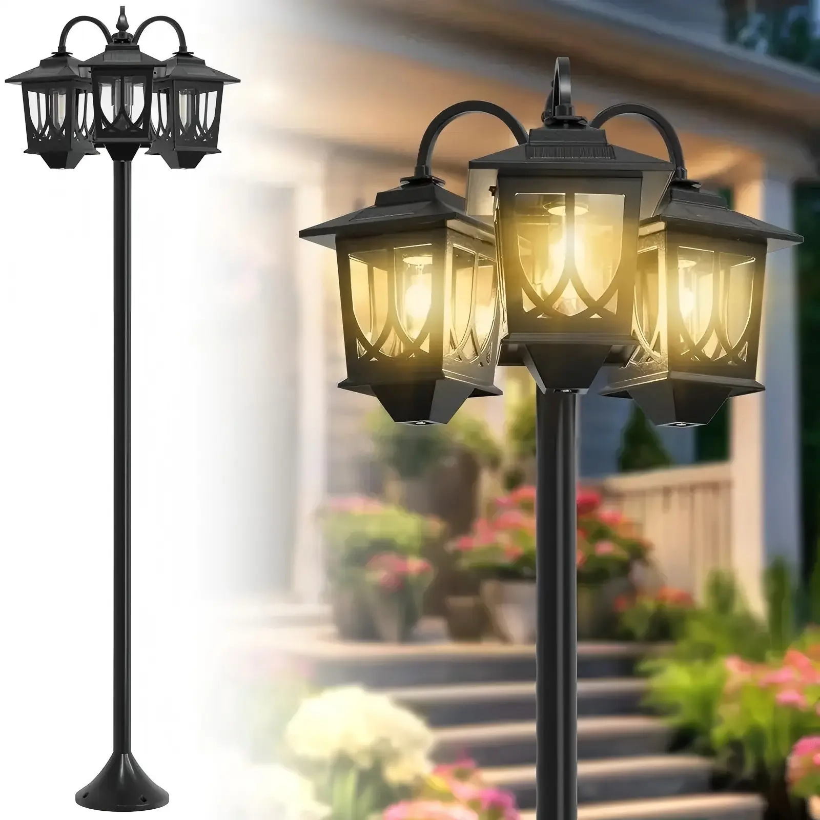 Solar Lamp Post, Solarlights with 3-Head, Solar Outdoorlighting Lamp Post Lights Waterproof, Solar Outdoor Lights for Lawn, Pathway, Yard, Front/ Back Door, 60 Lumens,Decoration