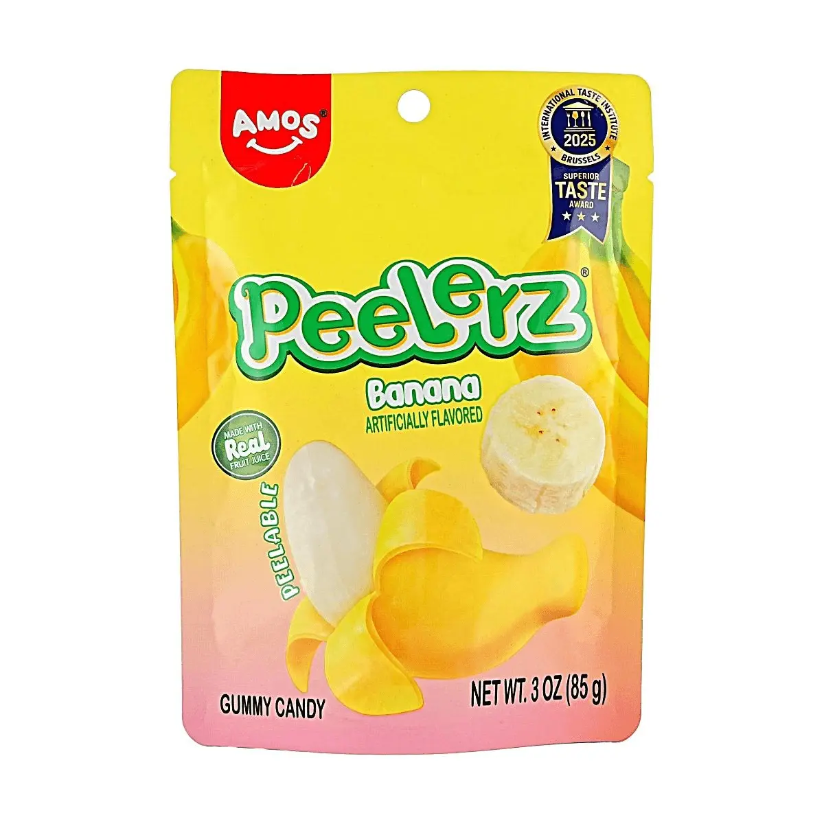 Amos Sweets Banana Peel Gummy Candy - Real Fruit Juice, 85g Pack - Fun Snack for Kids & Adults