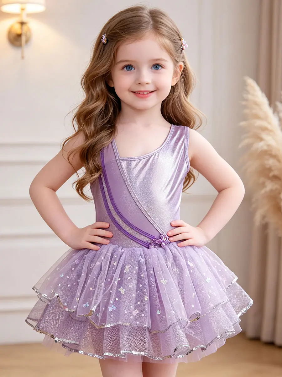 Girls' Purple Metallic Polyester Crew Neck Mini Plain Casual Sleeveless Ballet Tutu Dress - Butterfly Sequin 2-Layer Tulle Ballerina Dance Costume