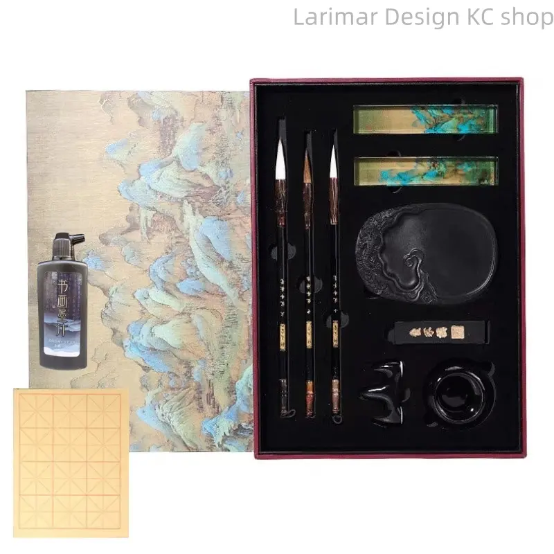 Traditional Chinese Landscape Four Treasures Of Study Kit, Complete Calligraphy Supplies With Ink Stone, Writing Brushes, Ink And Rice Paper For Adult Calligraphy Practice Gift
