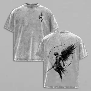 Unisex Vintage Menswear Short-Sleeve T-Shirt, Archangel Michael Design with Flaming Sword, Shield, Scales of Justice, Washed Christian Religious Outfit for Church, Gym Pump Cover