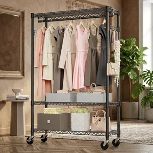 Littleox Heavy Duty Rolling Garment Rack 3 Tiers Adjustable Wire Shelving Clothes Rack with 1 Rods and Side Hooks,Storage Closet Clothing Rack with Wheels Black 15.7" D x 45.3" W x 75.6" H, Black