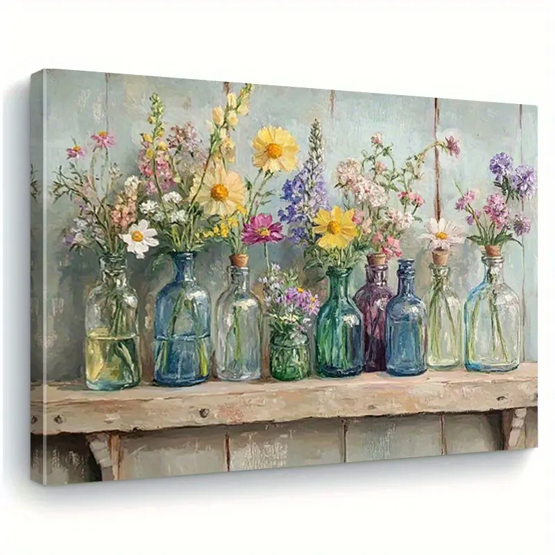1pc Artistic Wood-Framed Horizontal Rustic Floral Printing - Wildflower Canvas Wall Art with Colorful Bottles, Vintage Decor for Living Room, Birthday Home Gift, Multiple Sizes Available