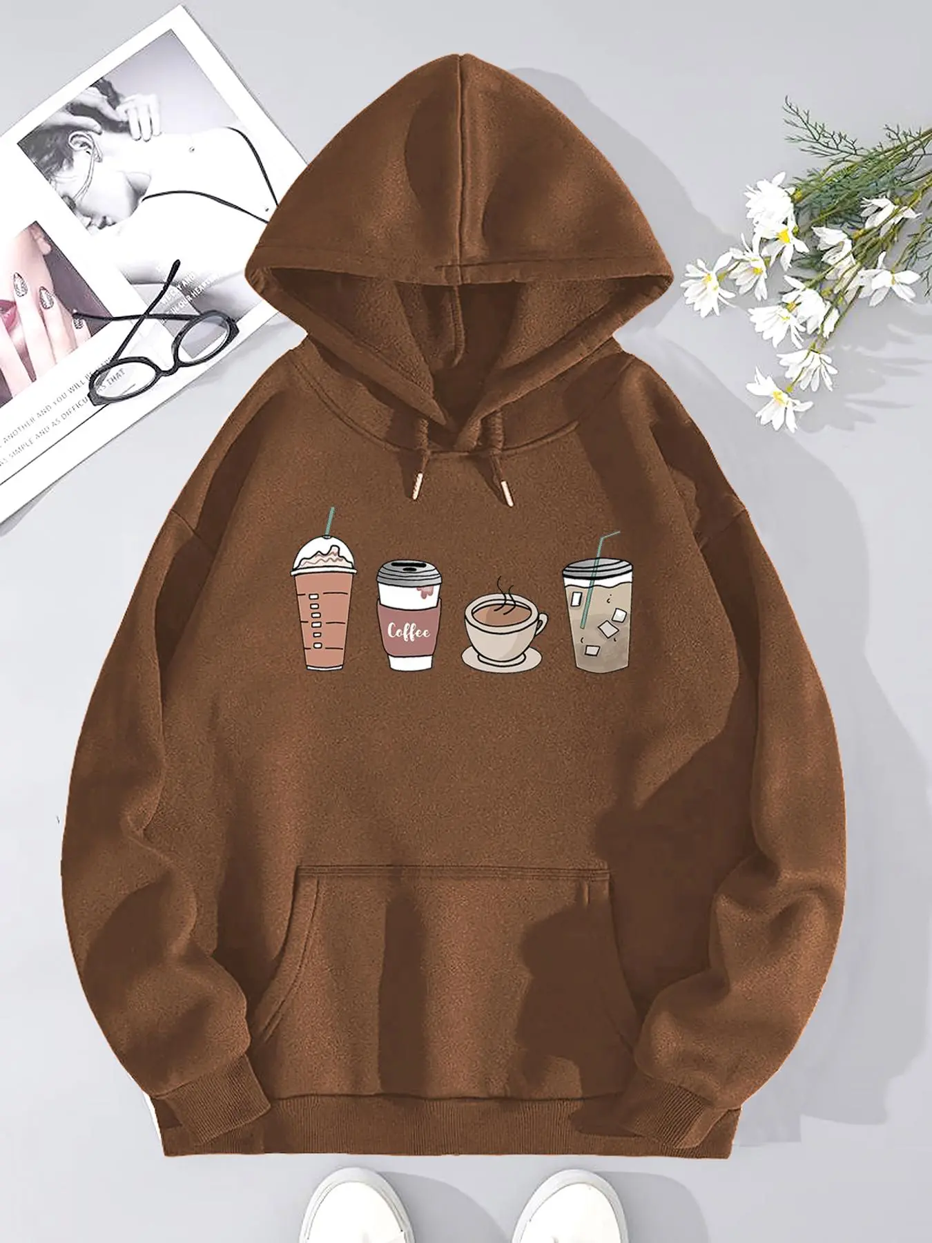 Women's Coffee Print Drop Shoulder Drawstring Hoodie, Fashion Casual Streetwear Pullover Pocket Hooded Sweatshirt for Daily Holiday Outdoor Wear, Women Clothing for Fall & Winter