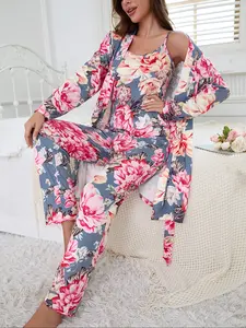 Floral Print Women's Robe Set + Strap Pants Three-Piece Comfortable Sleepwear Suit, Pajamas, Casual Home Wear for All Seasons