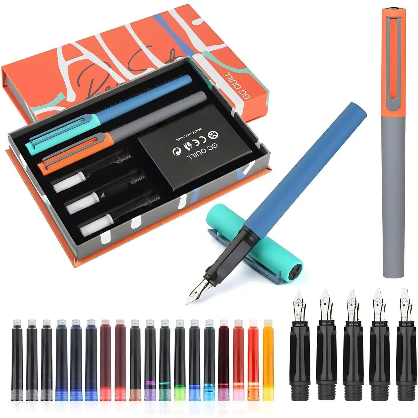 Calligraphy Fountain Pen Set with 5 Different Nibs 18 Ink Cartridges, Beginner Friendly Calligraphy Writing Set MU-20