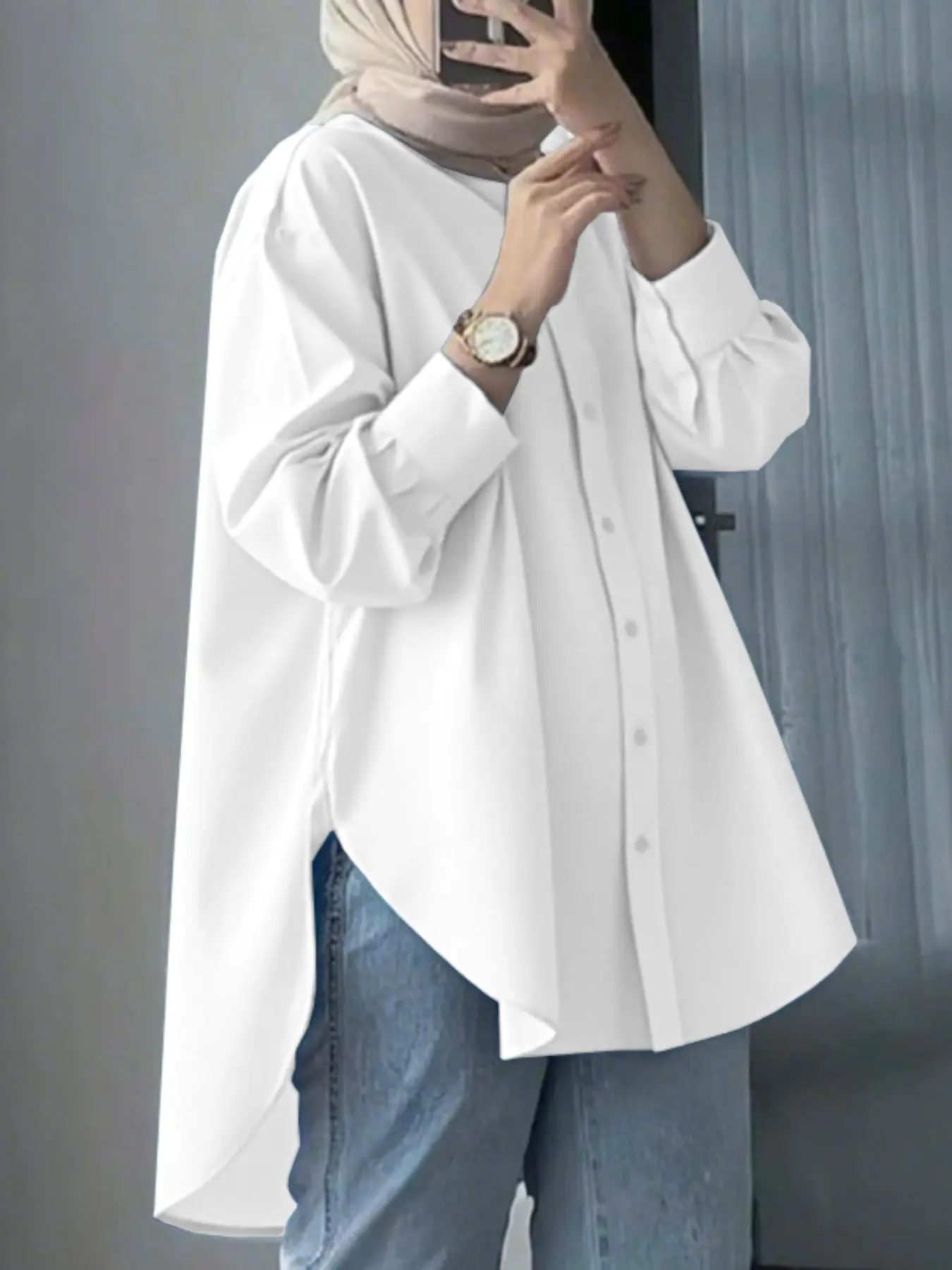 Women's Casual Basic Everyday Collared Blouse Shirt, Button Front Long Sleeve Slit Design, Loose Fit Plain Pattern, Ideal for Daily, All Seasons Wear Top, Casual Tops