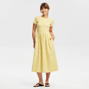 Women's Short Sleeve Lace Trim Knit Dress - Universal Thread Yellow Floral M
