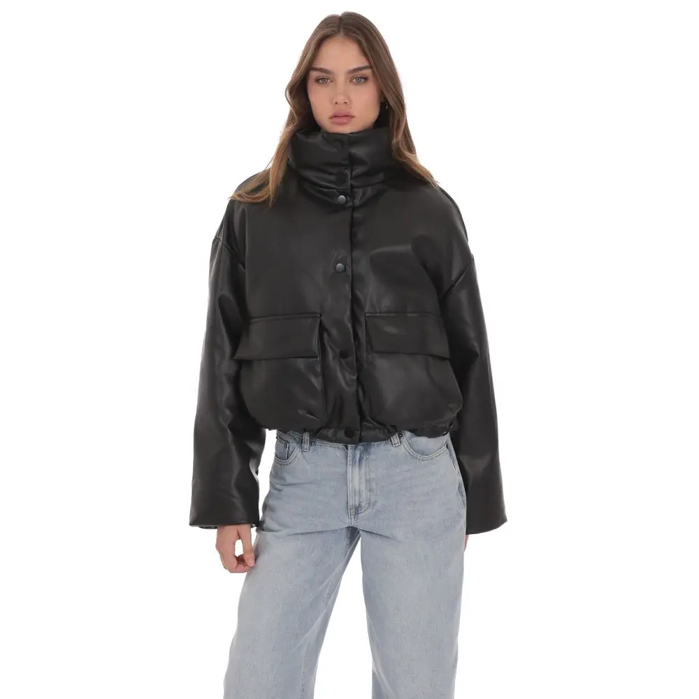 Faux Leather Cropped Puffer Jacket in Black