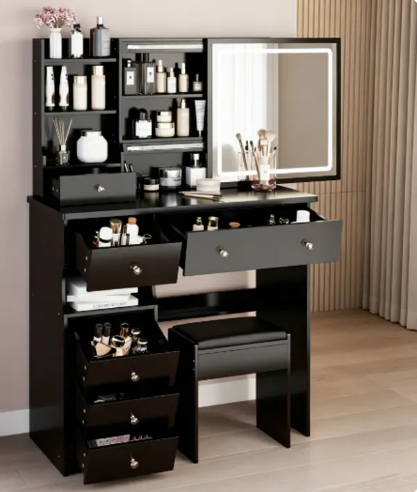Large Sliding Mirror Vanity Desk with Stool, 3-Color Touch Control Light Switch, Left Drawer, High-Capacity Storage, Stylish Indoor Makeup Dressing Furniture Set for Home