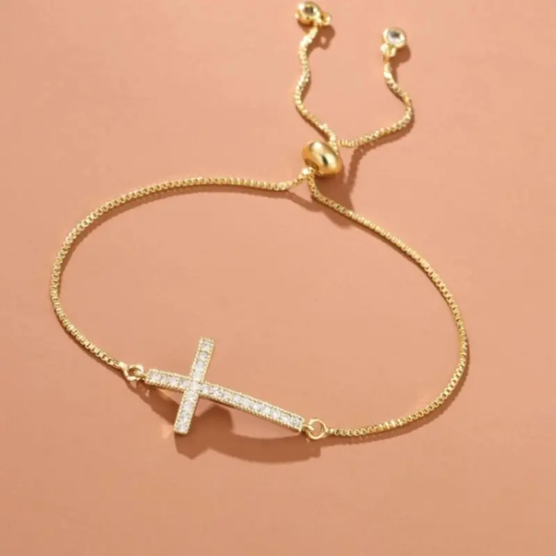 Adjustable Cross Design Bracelet, Copper Zirconia Pendant, Fashion Jewelry for Parties, Daily Wear Accessory, Perfect Birthday Gift, Trendy Jewellery Accessories, Cross Bracelets