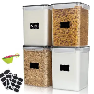 4 PCS Large Food Storage Containers 5.2L / 175oz, 4 Pieces  Plastic Airtight Canisters for Flour, Sugar, Baking Supplies, Rice with Lids, 4 Measuring Cups and  Labels, Black.