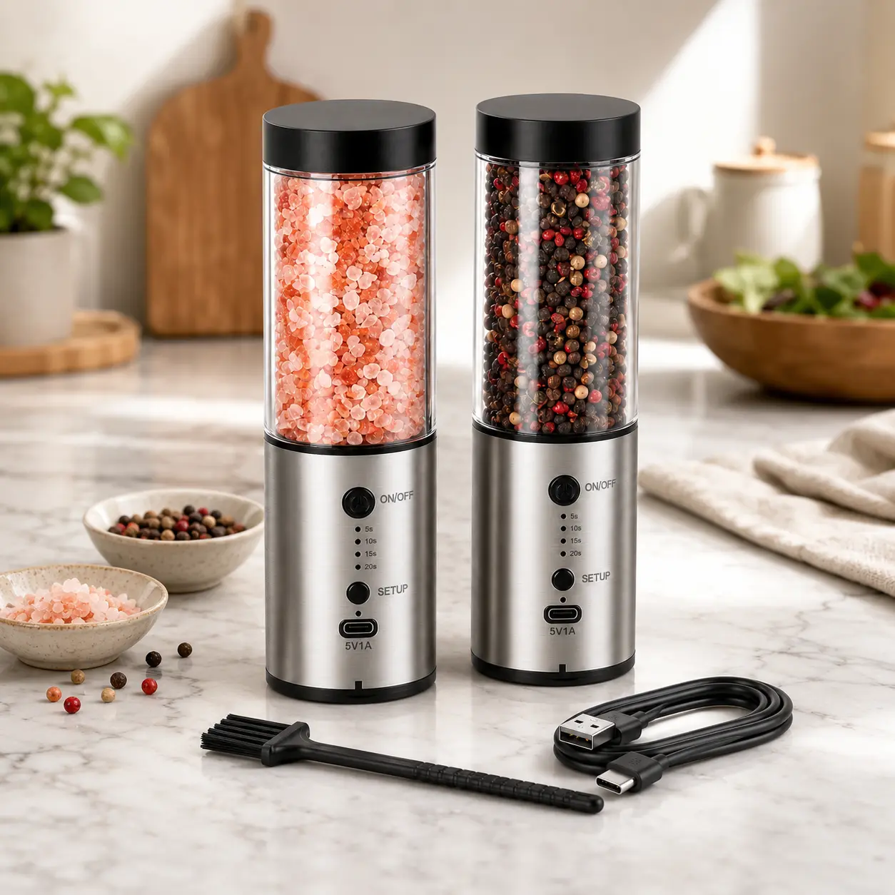 Nicefox 2-Pack USB-C Rechargeable Electric Salt and Pepper Shakers, 480ML Reusable Kitchen Seasoning Utensils, 4-Timing Settings, 1-Handed Automatic Operation, Home Use Cooking Tools, Birthday Gift for Women
