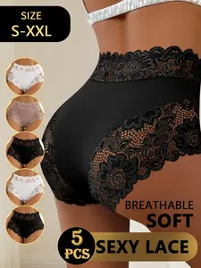 QUASTI Women's 5-Piece Mid-Waisted Elegant Lace Panties - Soft Milk Silky Smooth Fabric, Seamless, Breathable, Skin-Friendly, Comfortable, Stylish 5 Pcs/3 Mix Colors Underwear for Women, Sweet Basic Fit, 4-Season Everyday Essential Underwear (S-XXL)