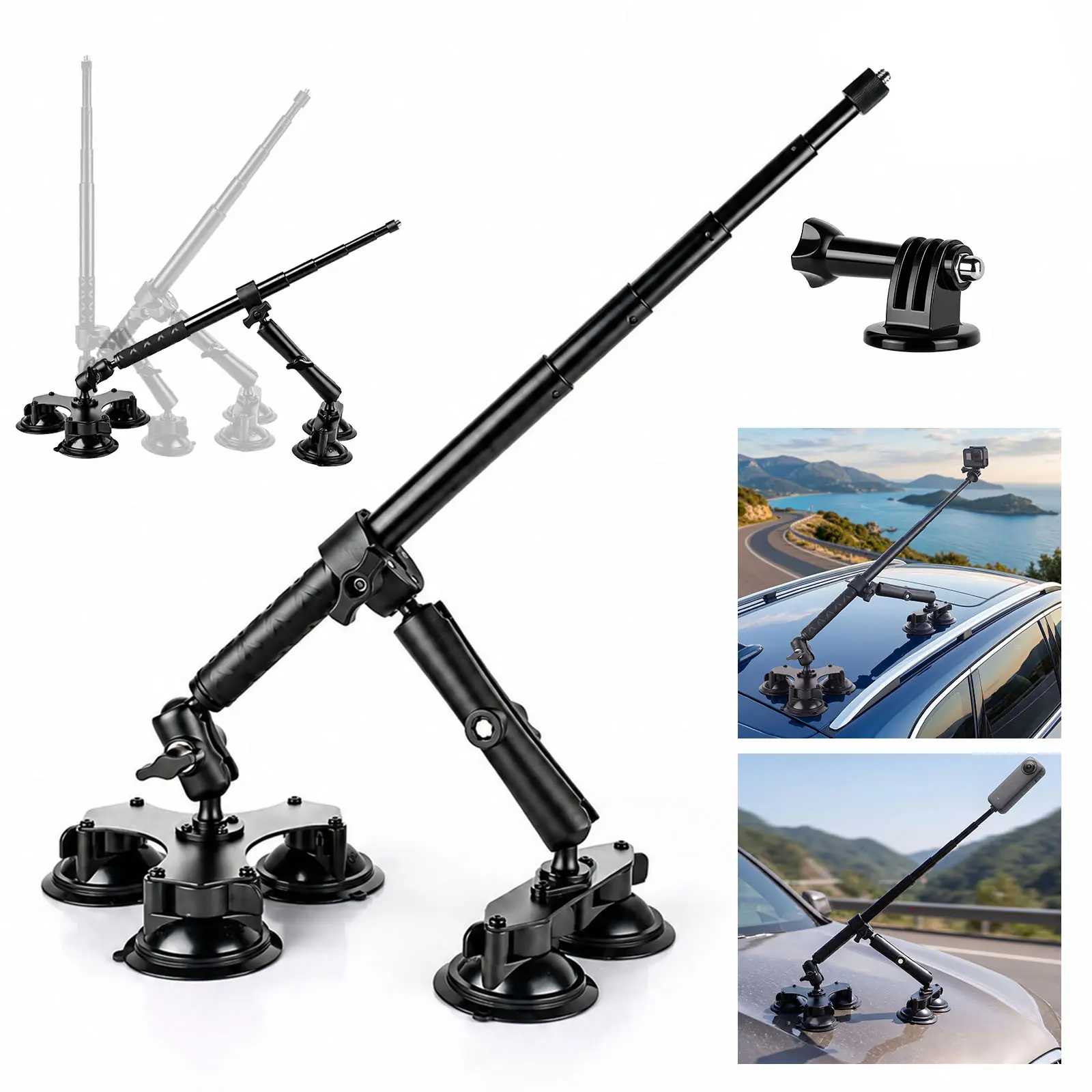 5-in-1 Aluminum Alloy Mount Set, Heavy-Duty Metal Tripod with 5 Suction Cups, 45-in Hidden Selfie Stick, Adjustable Car Stuff Auto Accessories for Insta360/DJI Osmo/AKASO Action Cameras (Outdoor Car Holder Use), Invisible Selfie Stick, Cordless, Lock, Car