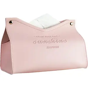 PU Leather Rectangle Tissue Box Cover (Pink) | Modern Nordic Decorative Napkin Holder for Car, Home & Office