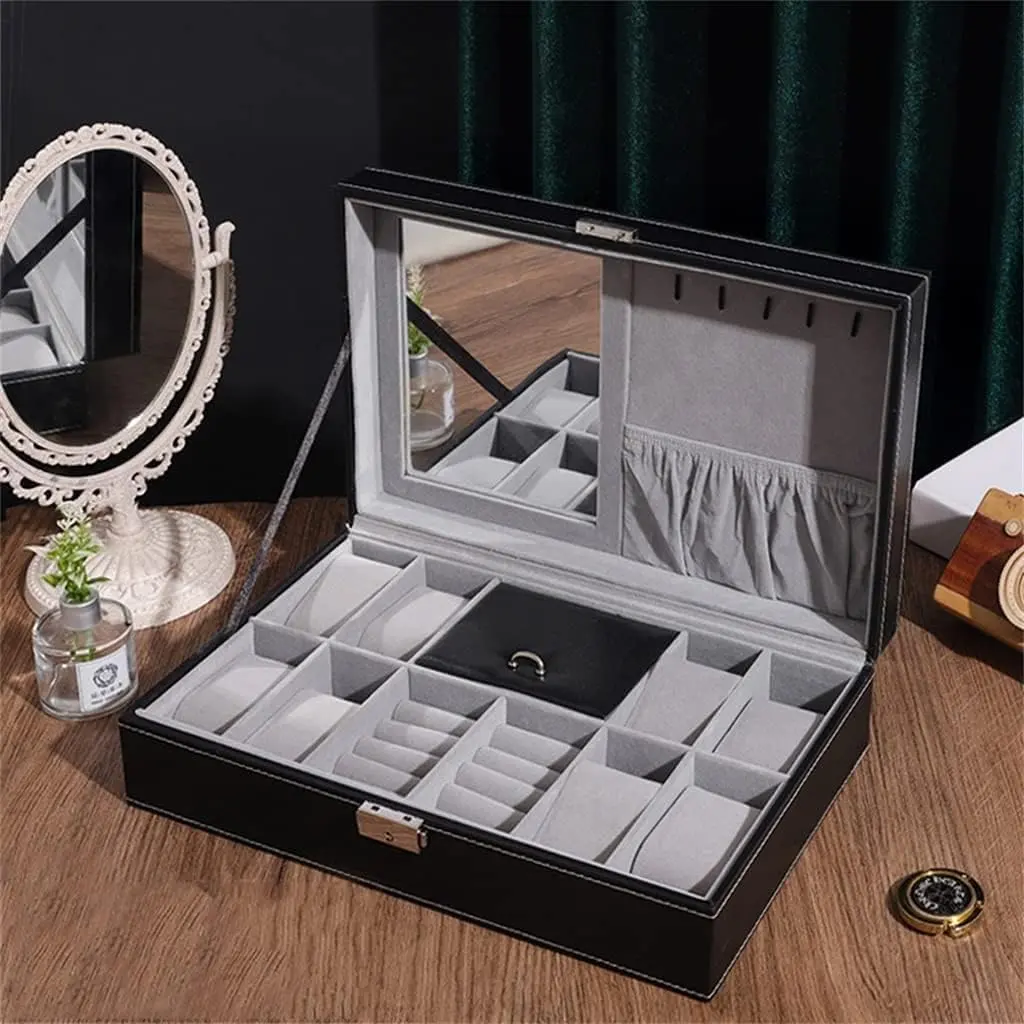 Mens Jewellery Box Leather 8 Grid Slots with Watches Storage Box Ring Stud Bracelet Necklace Big Space Jewelry Organizer Display Case (Color : E) Watch Gift Box, Home Organizer Storage, Jewelry Armoire Organizer