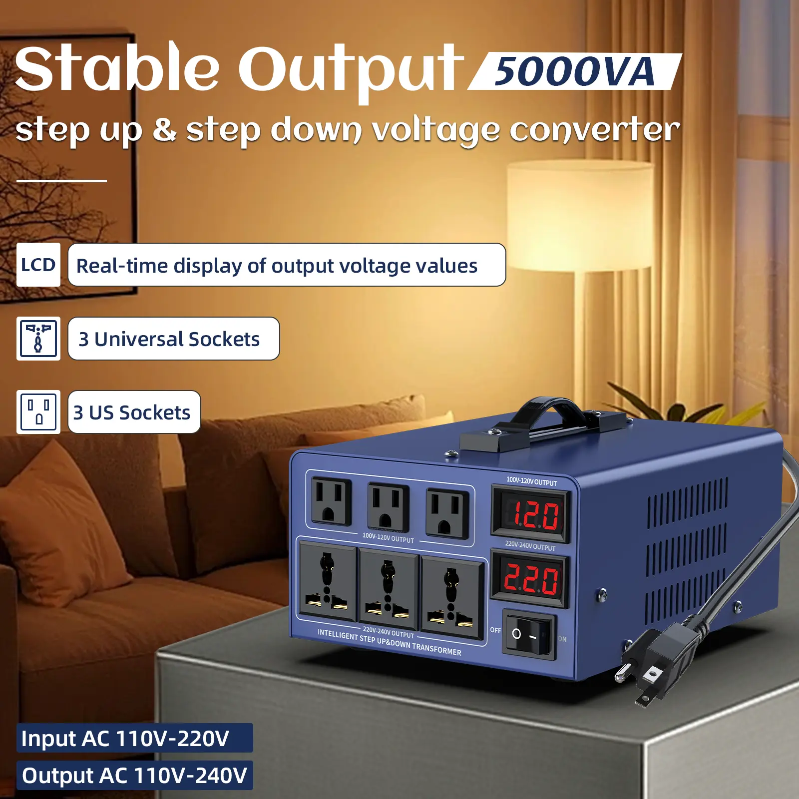 Voltage Conversion Transformer 5000W (peak power) Step-Up/ Step-Down Converter, capable of converting 110V-120V to 220V-240V and 220V-240V to 110-120V, equipped with 3 US outlets, 3 universal outlets, and a resettable circuit breaker.