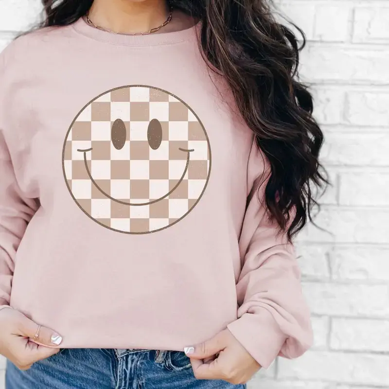Checked Smiley Crewneck Sweatshirt, Womenswear Soft Printed Sweatshirt, Smiley Face Trendy Cozy Oversized Top