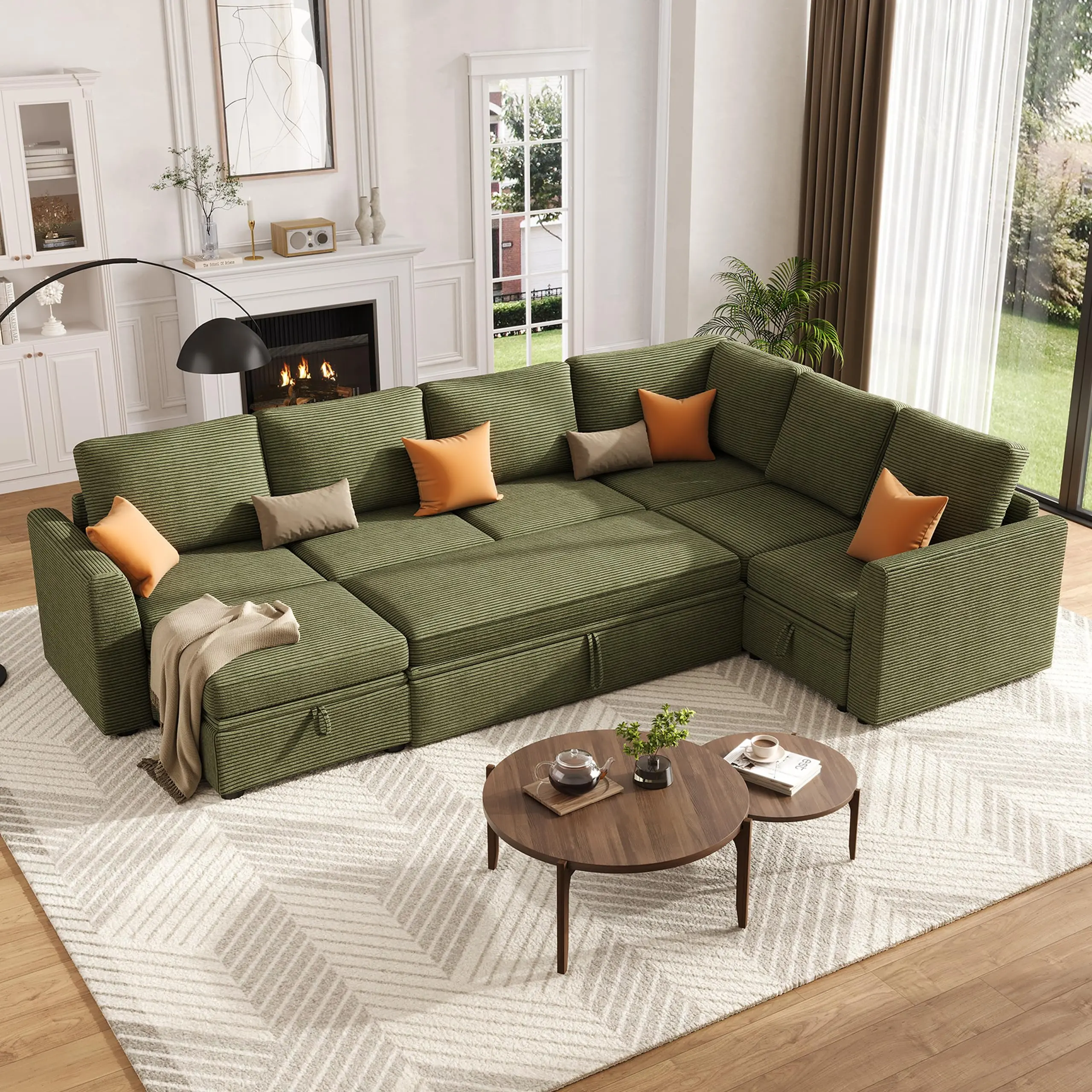 7 Seat U Shaped Corduroy Modular Sectional Sleeper Couch with Pull Out Sofa Bed L Shaped Storage Seat and 2 Ottomans Large Sectional Sofa for Spacious Living Room