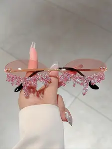 Fashionable Women's Frameless Irregular Eyeglasses with Multi-Color Lenses, Rhinestone Decoration and Metal Eyewear, Trendy Lightweight Glasses