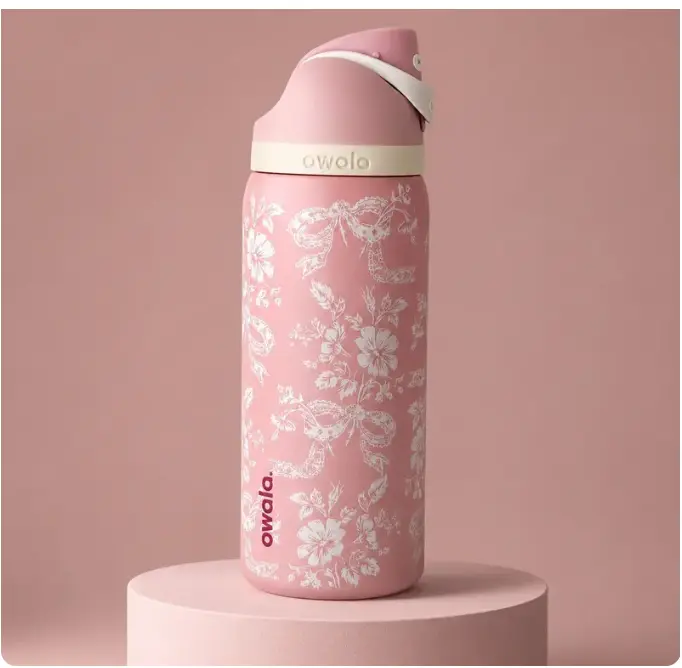 Owala FreeSip 32oz Stainless Steel Water Bottle, Limited Edition Pink Floral Bow Print, Insulated Reusable Bottle with Straw Lid for School, Work, Travel & Gifts