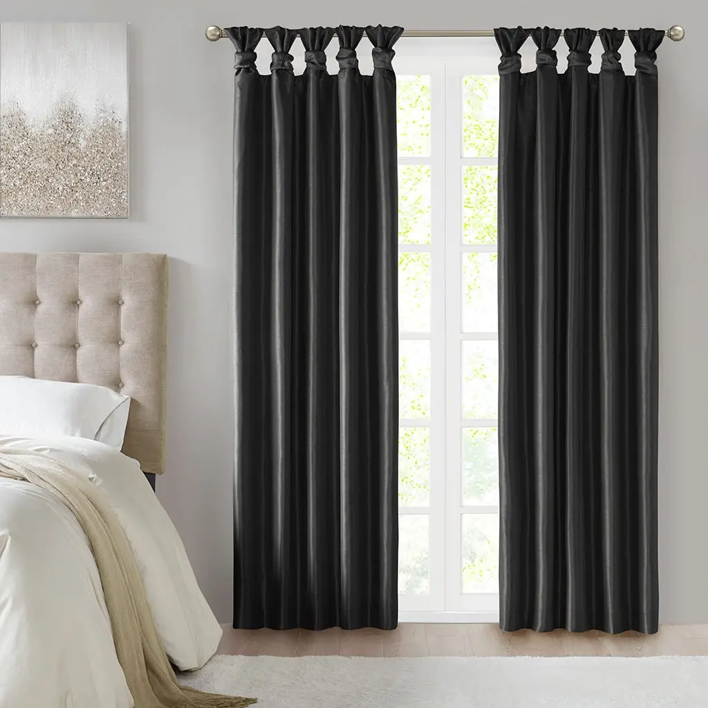 360-Degree Stand True Emilia Twist Tab Finished Total Blackout Curtain Panel, Polyester Silk Fabric, 50x84x0.13in Black, Transitional Interior Design Window Treatment, Curtain for Windows & Window Covers