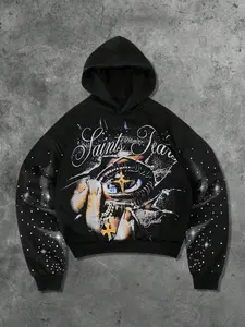 Unisex Y2K Style Saint Letter and Deep eyes and cross Print Graphic Hoodie, Rhinestone Craft, Streetwear Vintage, Fall & Winter Fitted Sweatshirt