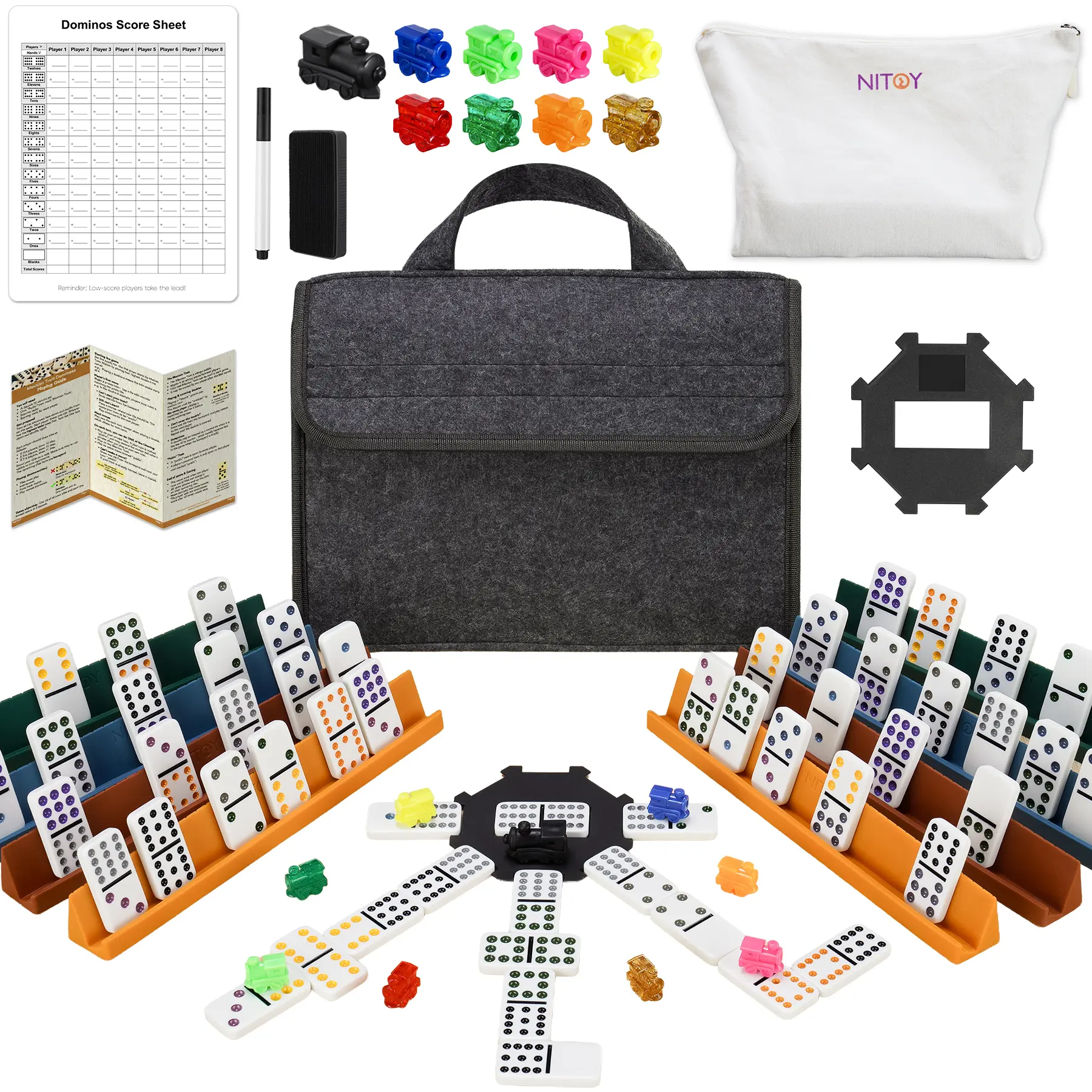Mexican Train Dominoes Set - Double 12 Color-Coded Tiles (91), Hub, 8 Silicone Racks, 9 Train Markers, Scoreboard, Carry Bags - Adult Party Stacking Game for Board Games Night, Party Board Game
