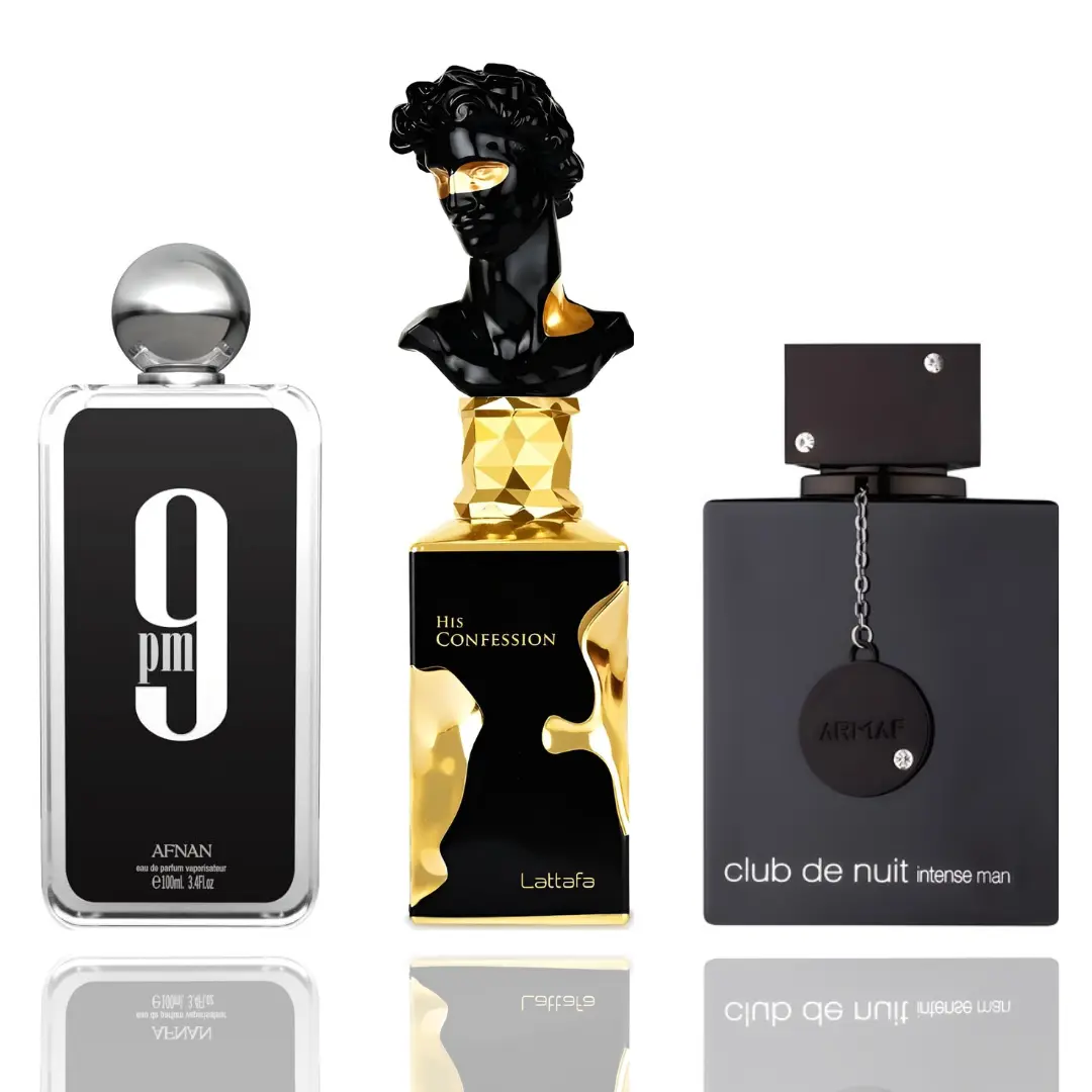 Lattafa Men's 3-Piece Fragrance Bundle - Club De Nuit Intense, His Confession, 9 PM - Bold Woody Fragrance, Woody Musky Scents, Signature Collectible Men's Cologne for Day-Night Use, Long-Lasting