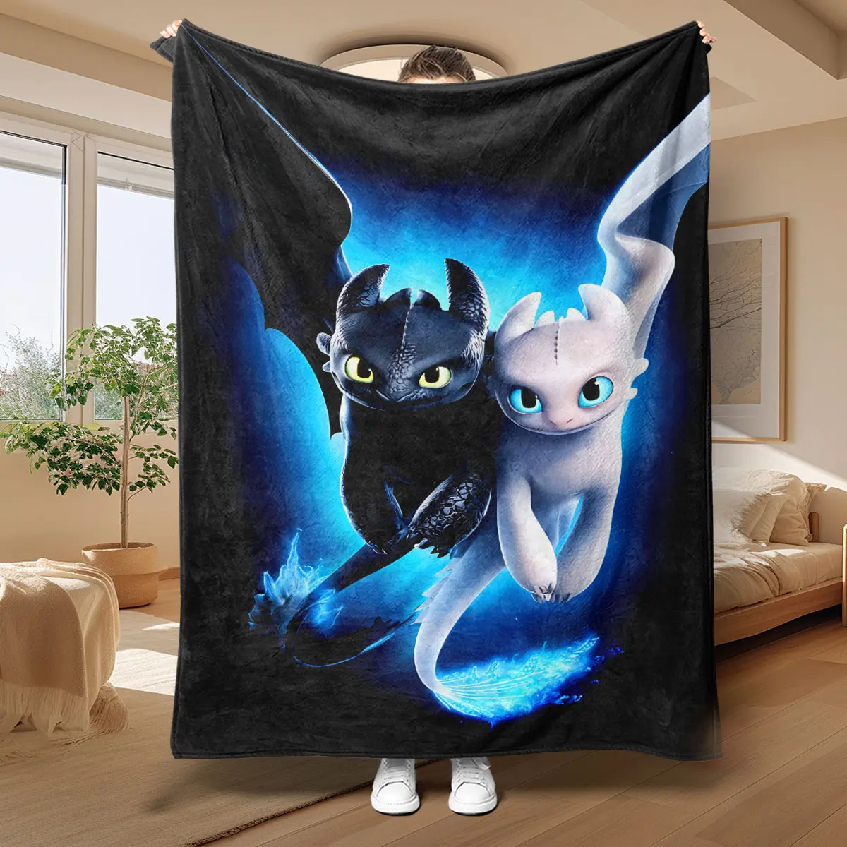 1pc How to Train Your Dragon Night Fury-Light Fury Fleece Dragon Blanket, Soft Warm Skin-Friendly for Bed, Camping & Travel Gift (Textiles & Soft Furnishings, Bedding Linens, Blankets & Throws), Dragon Blankets