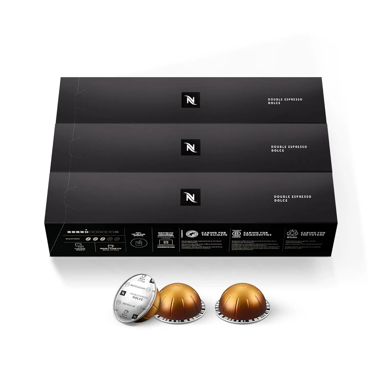 NESPRESSO Vertuo Double Espresso Dolce Sweet Premium Arabica Coffee Pods Beverage - B Corporation Certified, 30-Count, 2.7 oz Brew Size, Recyclable Packaging, Ideal for Cupboard Storage, Malted Cereal Infused