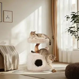 30" Natural Wood Cat Tree with Condo, Modern Cat Tower with Scratching Post & Perch for Indoor Cats