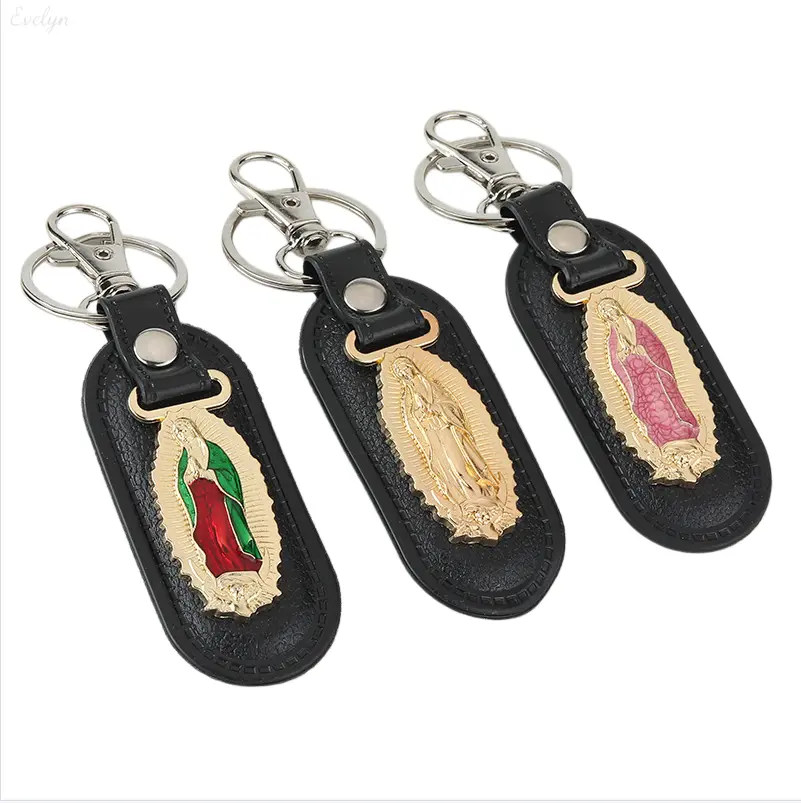 3pcs Our Lady of Guadalupe Leather Keychain, Religious Devotional Charm, Black Faux Leather Key Ring Accessory for Believers & Gift Giving